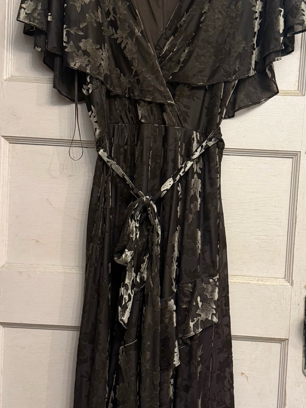 Maison Tara Brown Midi Dress with velvet Floral Motif